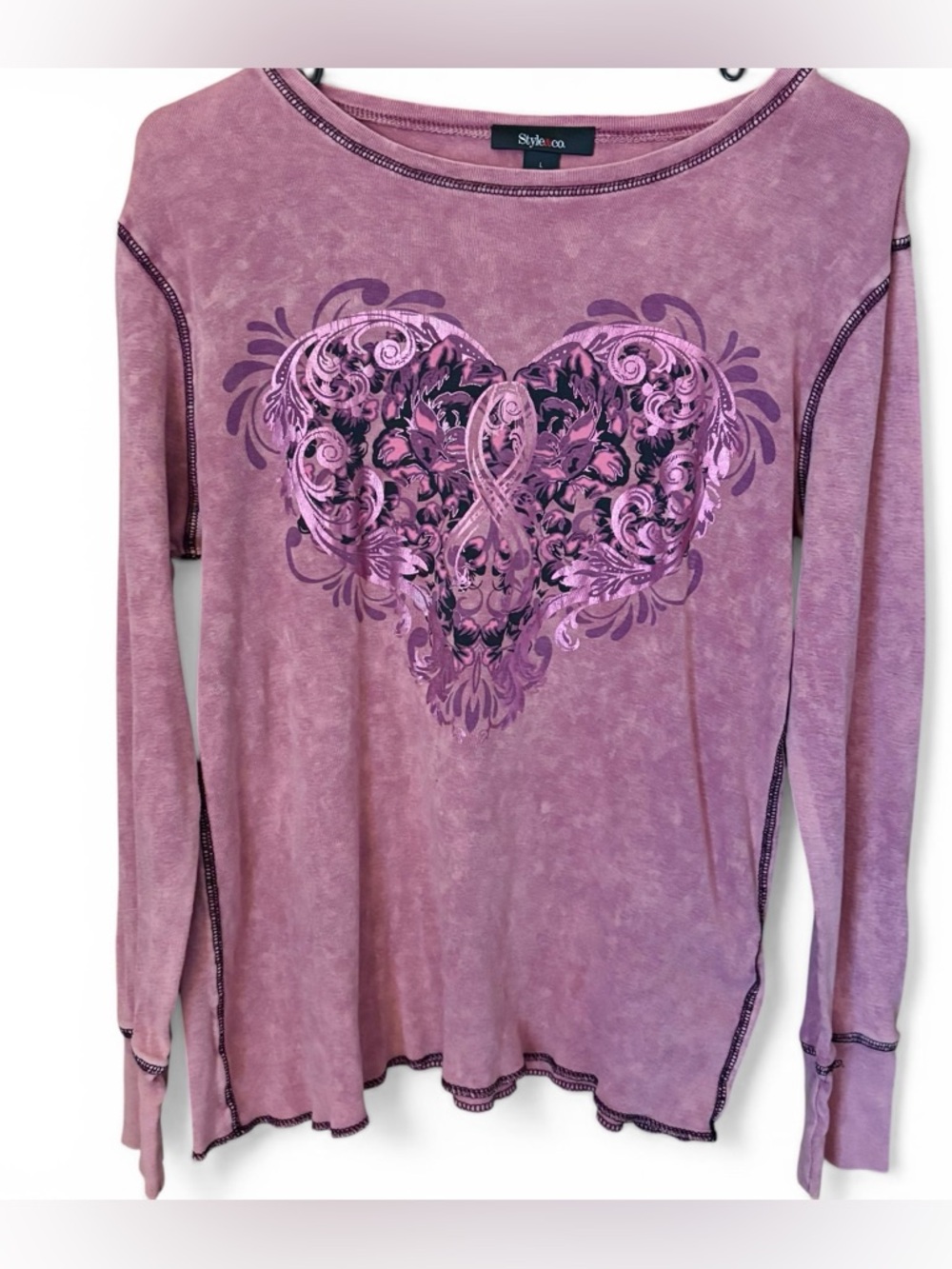 Style & Co Pink Graphic Heart Long Sleeve Top Acid Wash Size L 100% Cotton